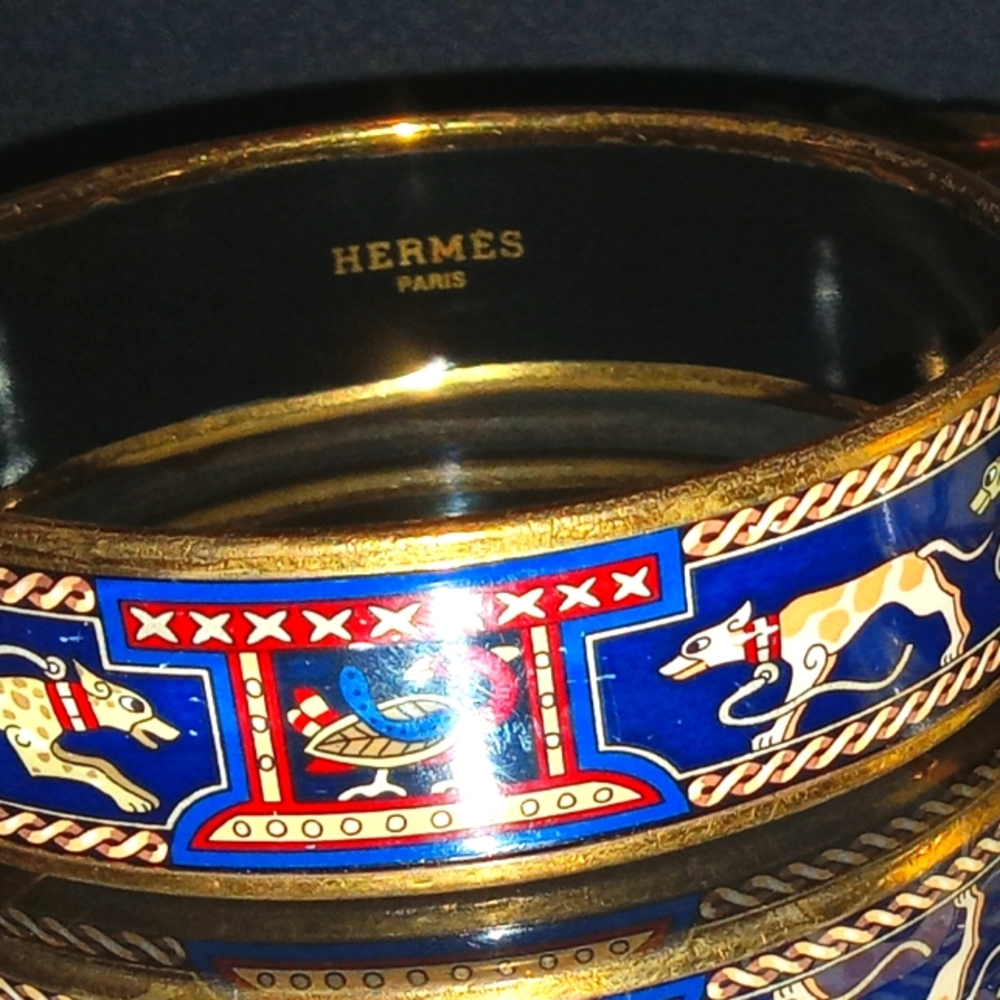 Vintage Hermes Paris blue greyhound gold / enamel bangle bracelet